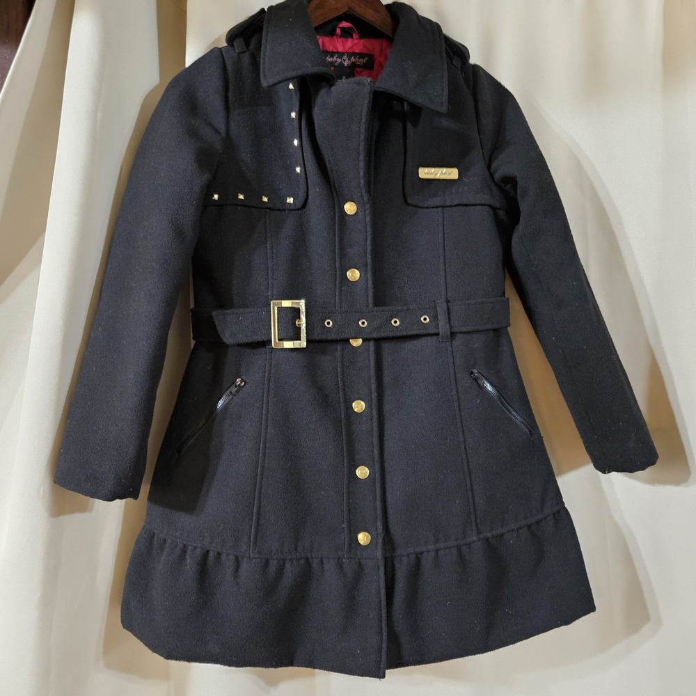 Baby Phat Girlz Medium Black Belted Peacoat‎ Jacket Zip Pockets Embellished